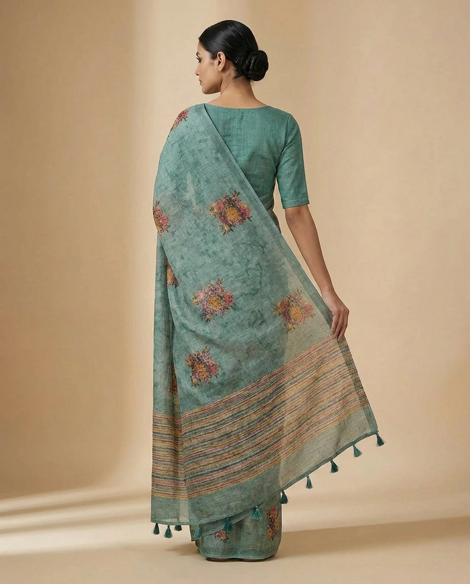 Linen Tissue Saree with Hand-Embroidered Zari Floral Border by Rangoli