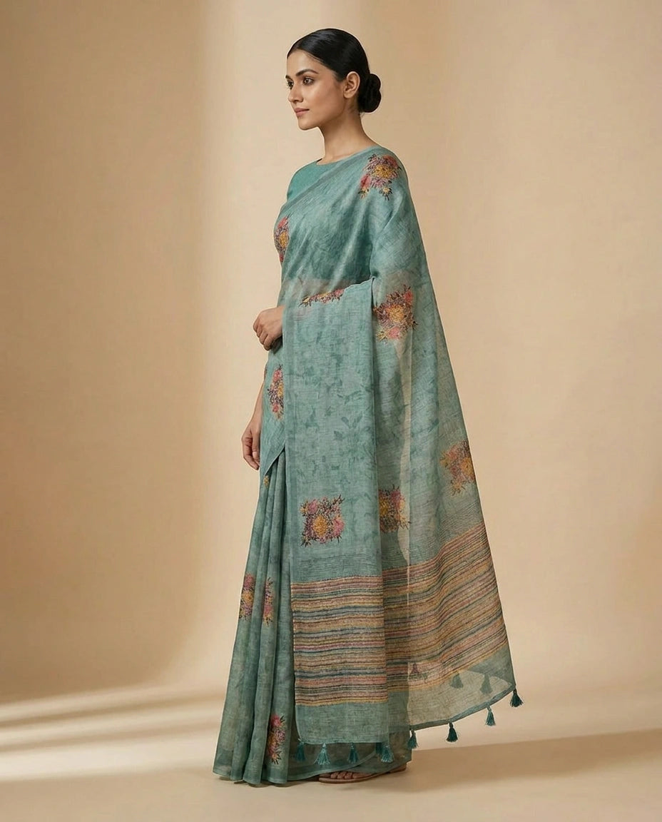 Linen Tissue Saree with Hand-Embroidered Zari Floral Border by Rangoli