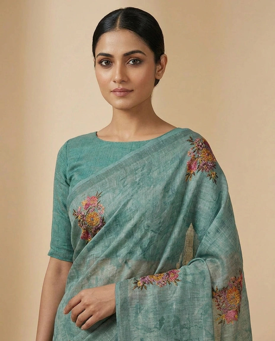 Linen Tissue Saree with Hand-Embroidered Zari Floral Border by Rangoli
