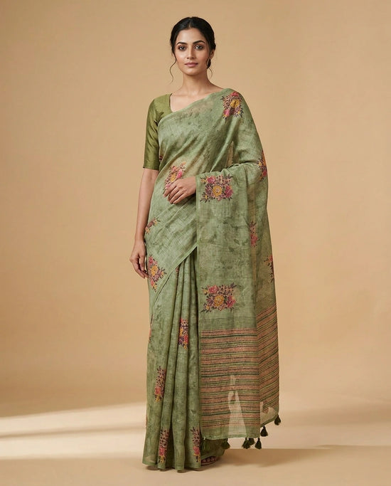 Linen Tissue Saree with Hand-Embroidered Zari Floral Border by Rangoli