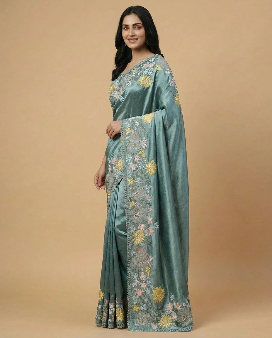 Tussar Silk Saree with Kantha-Style Hand Embroidery Work by Rangoli