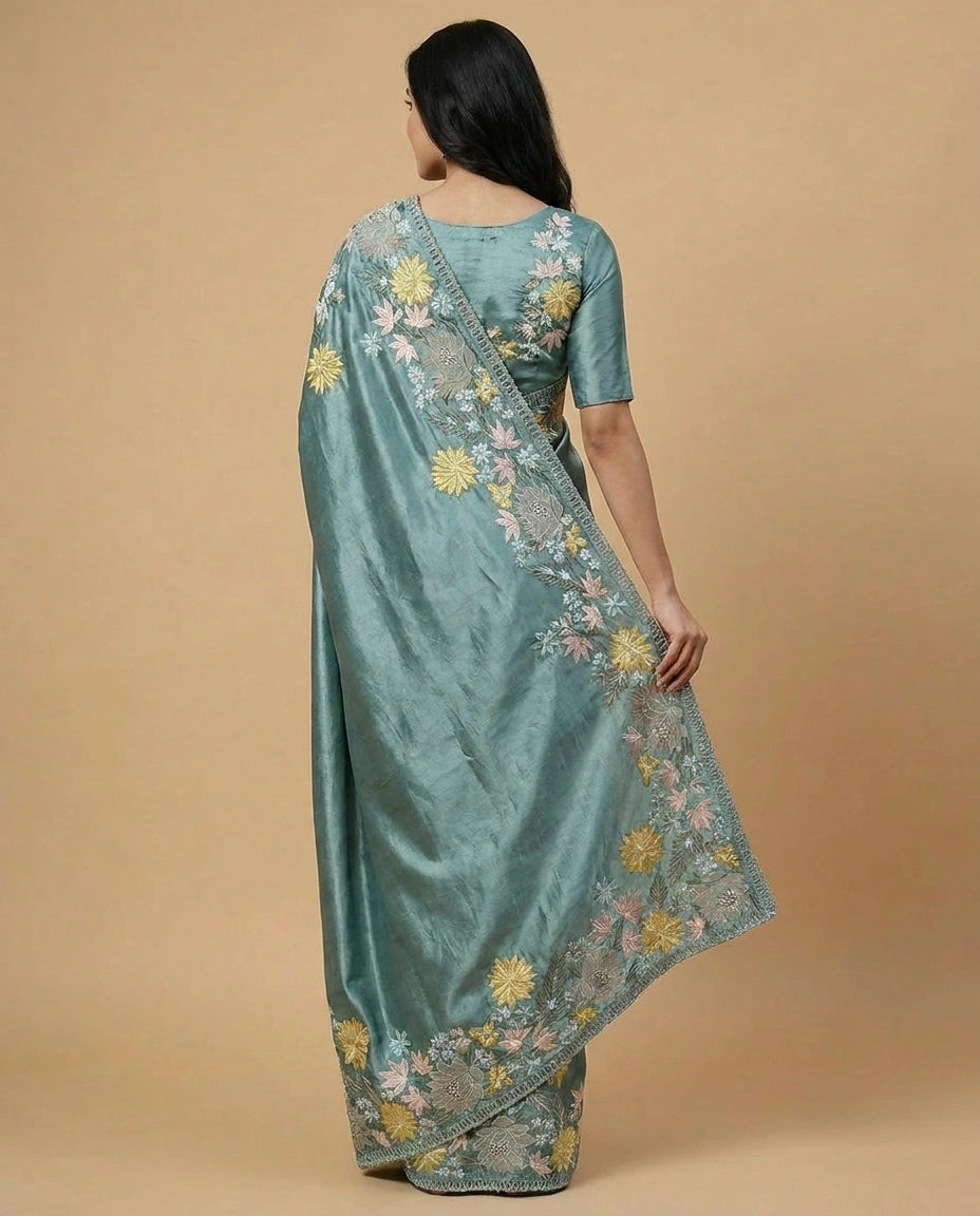 Tussar Silk Saree with Kantha-Style Hand Embroidery Work by Rangoli