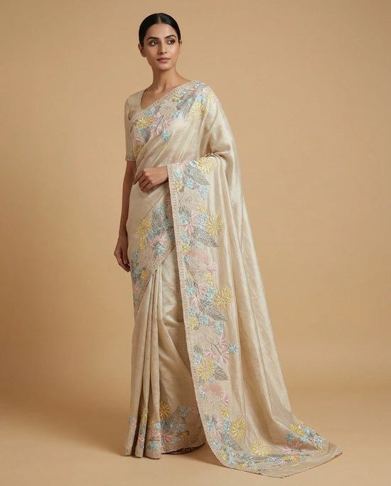 Green Tussar Silk Saree with Kantha-Style Hand Embroidery Work - Rangoli India