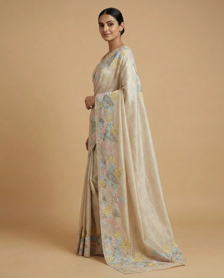 Tussar Silk Saree with Kantha-Style Hand Embroidery Work by Rangoli