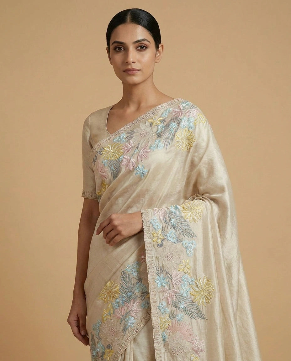 Green Tussar Silk Saree with Kantha-Style Hand Embroidery Work - Rangoli India