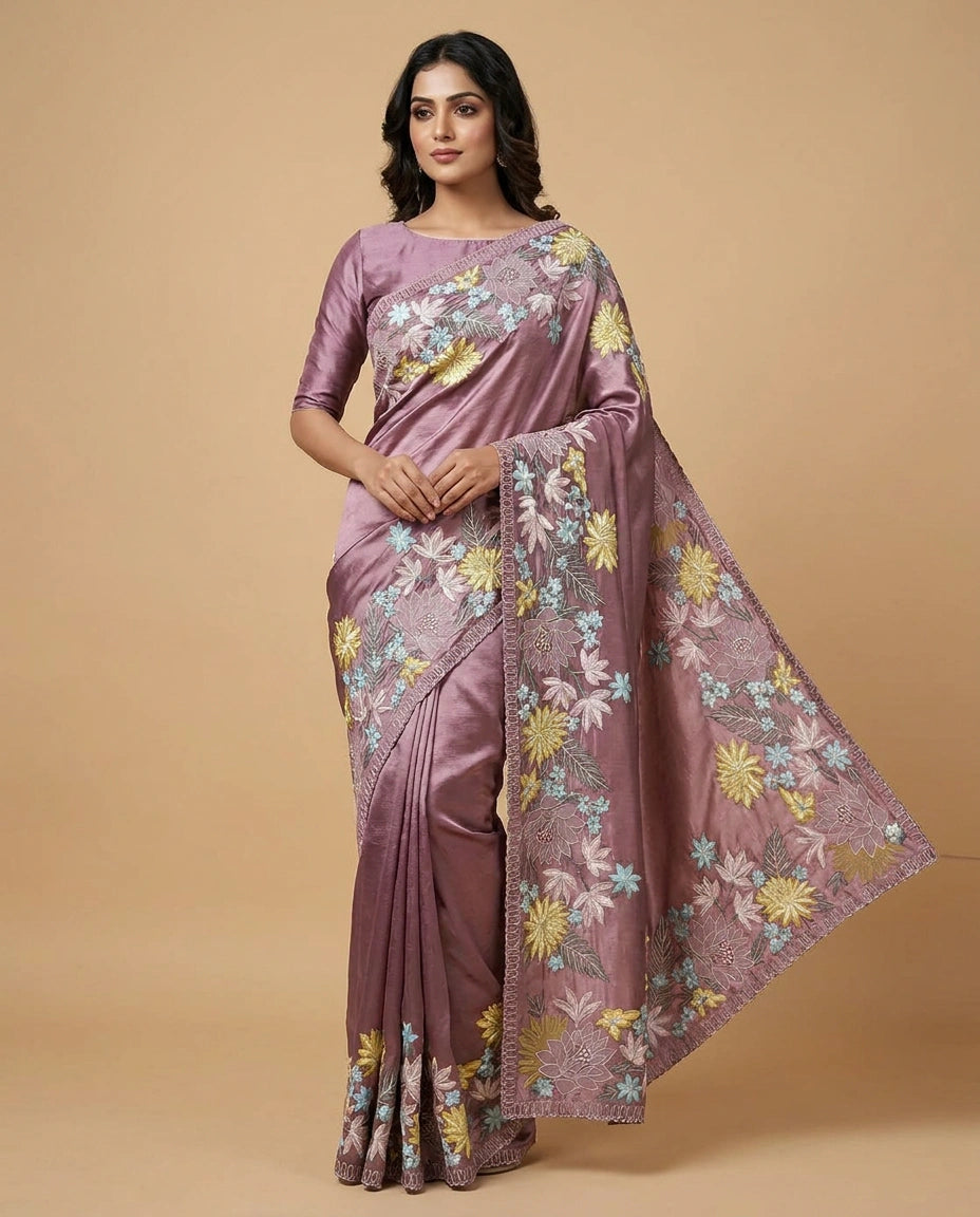 Green Tussar Silk Saree with Kantha-Style Hand Embroidery Work - Rangoli India