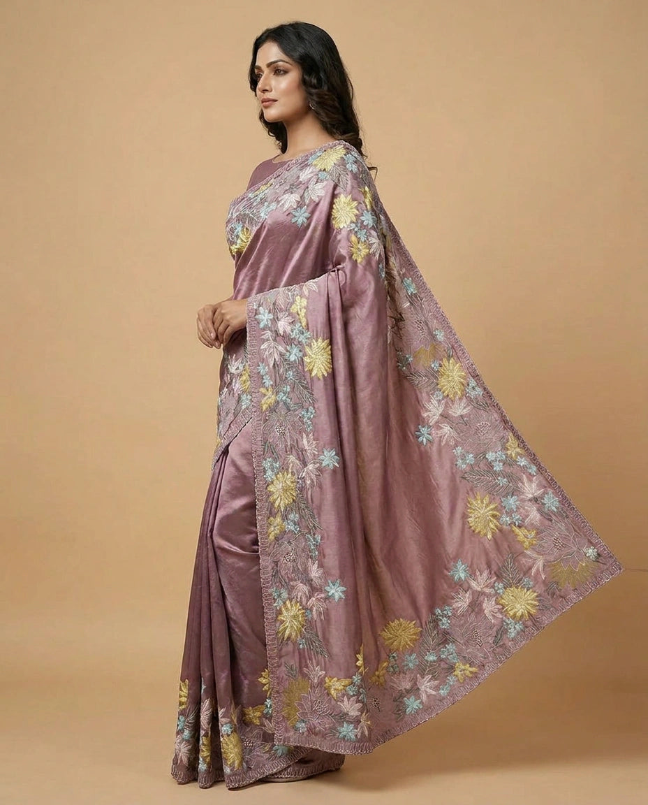 Tussar Silk Saree with Kantha-Style Hand Embroidery Work by Rangoli