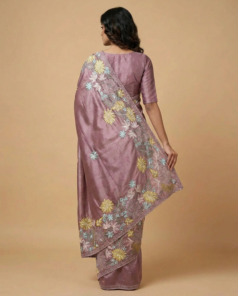 Tussar Silk Saree with Kantha-Style Hand Embroidery Work by Rangoli
