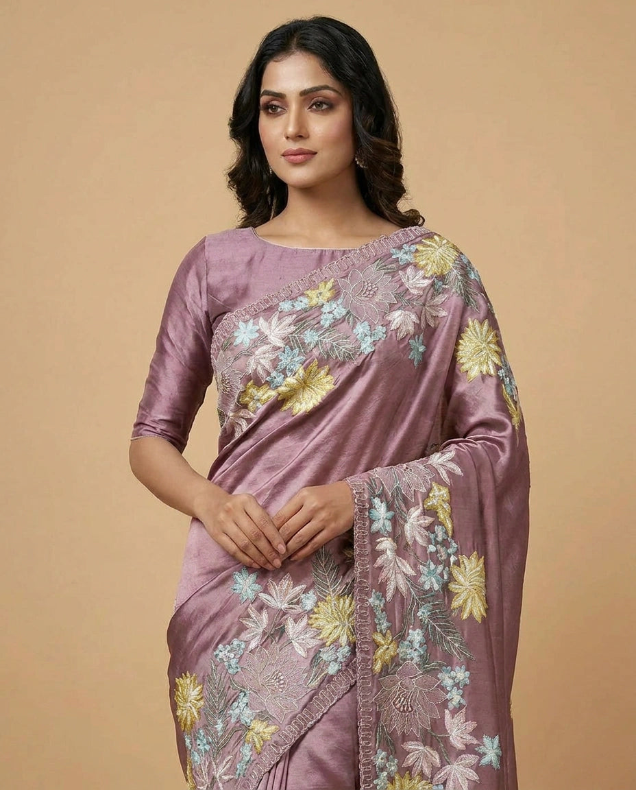 Tussar Silk Saree with Kantha-Style Hand Embroidery Work by Rangoli
