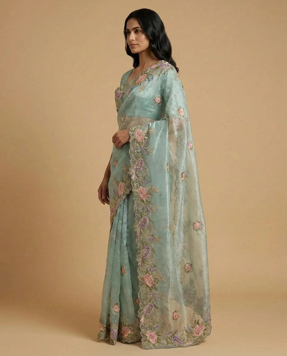 Crush Tissue Saree with Fine Embroidered Zari Border Work view 2