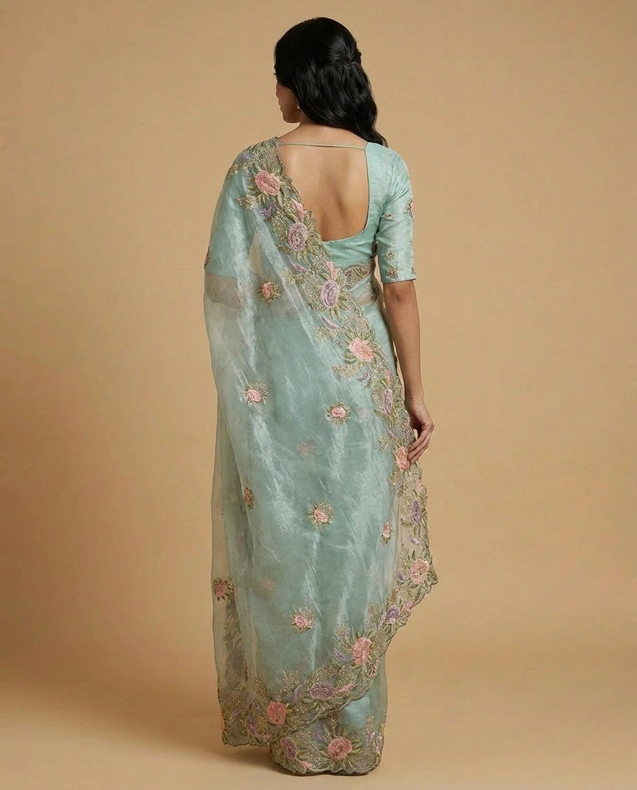 Crush Tissue Saree with Fine Embroidered Zari Border Work view 3