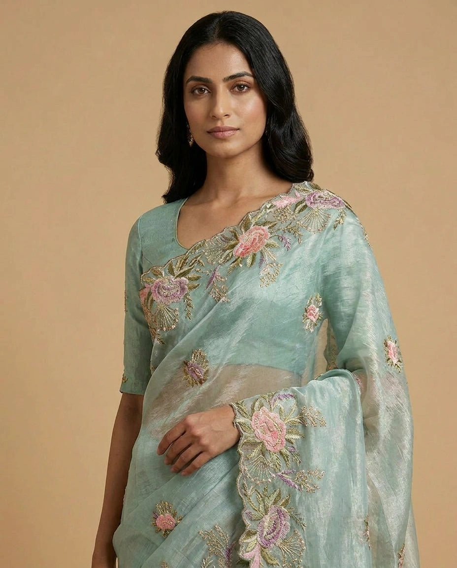 Crush Tissue Saree with Fine Embroidered Zari Border Work view 4
