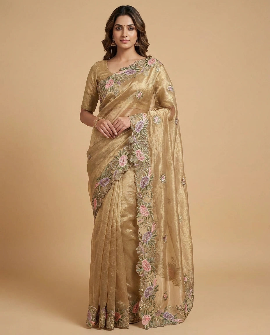 Crush Tissue Saree with Fine Embroidered Zari Border Work view 5