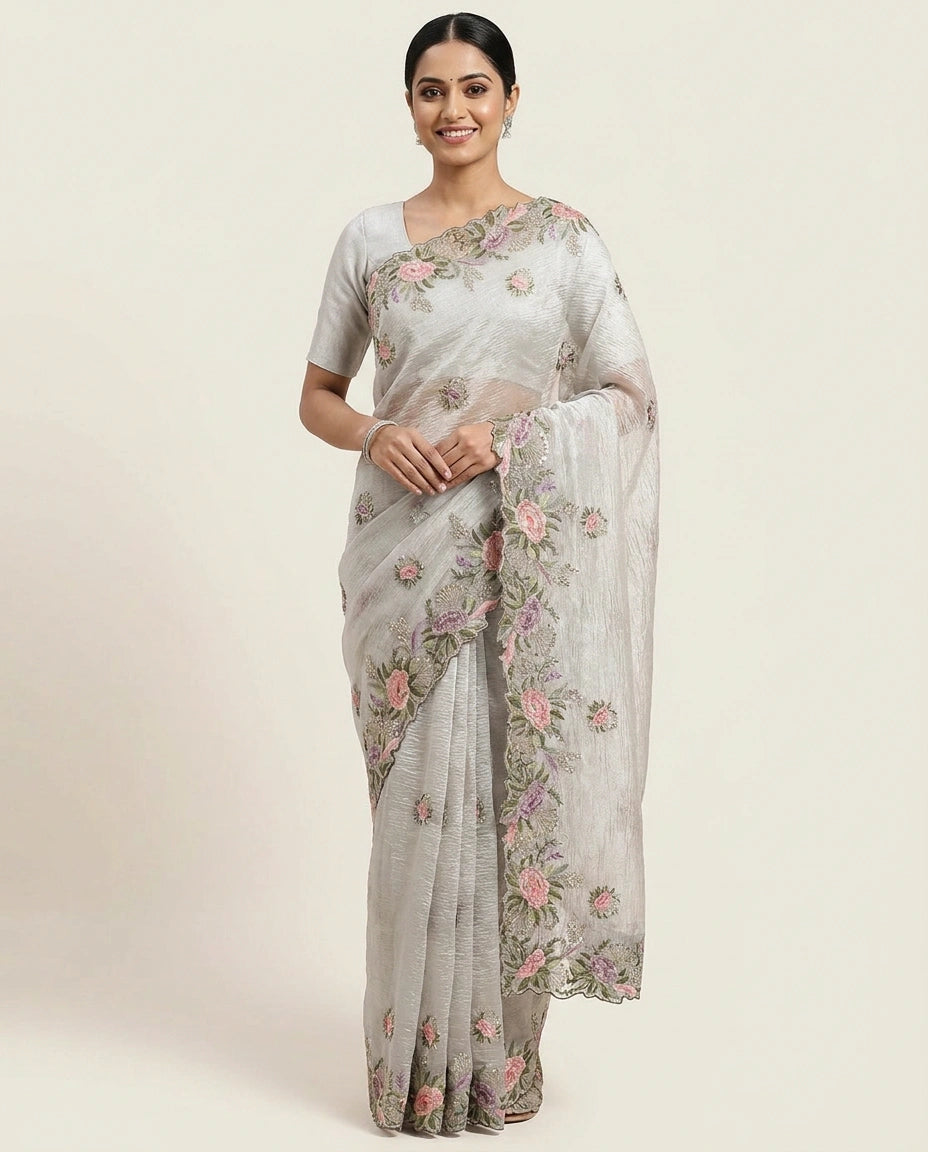 Crush Tissue Saree with Embroidered Zari Border