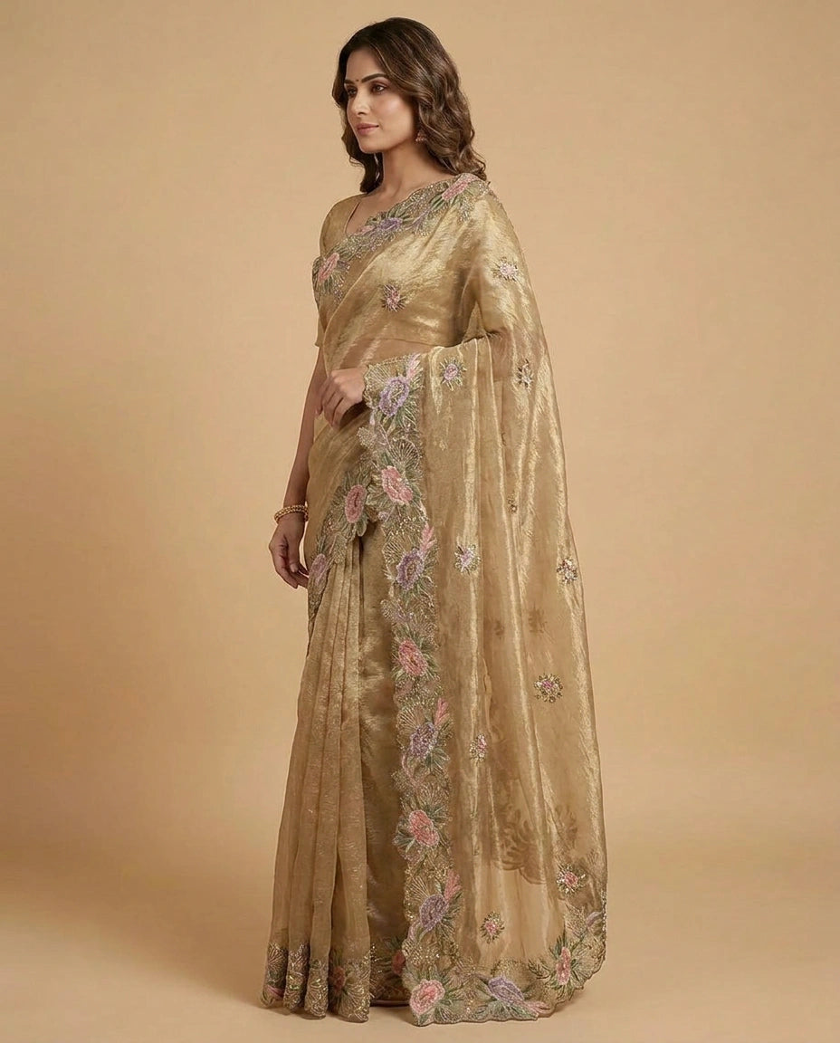 Crush Tissue Saree with Fine Embroidered Zari Border Work view 6