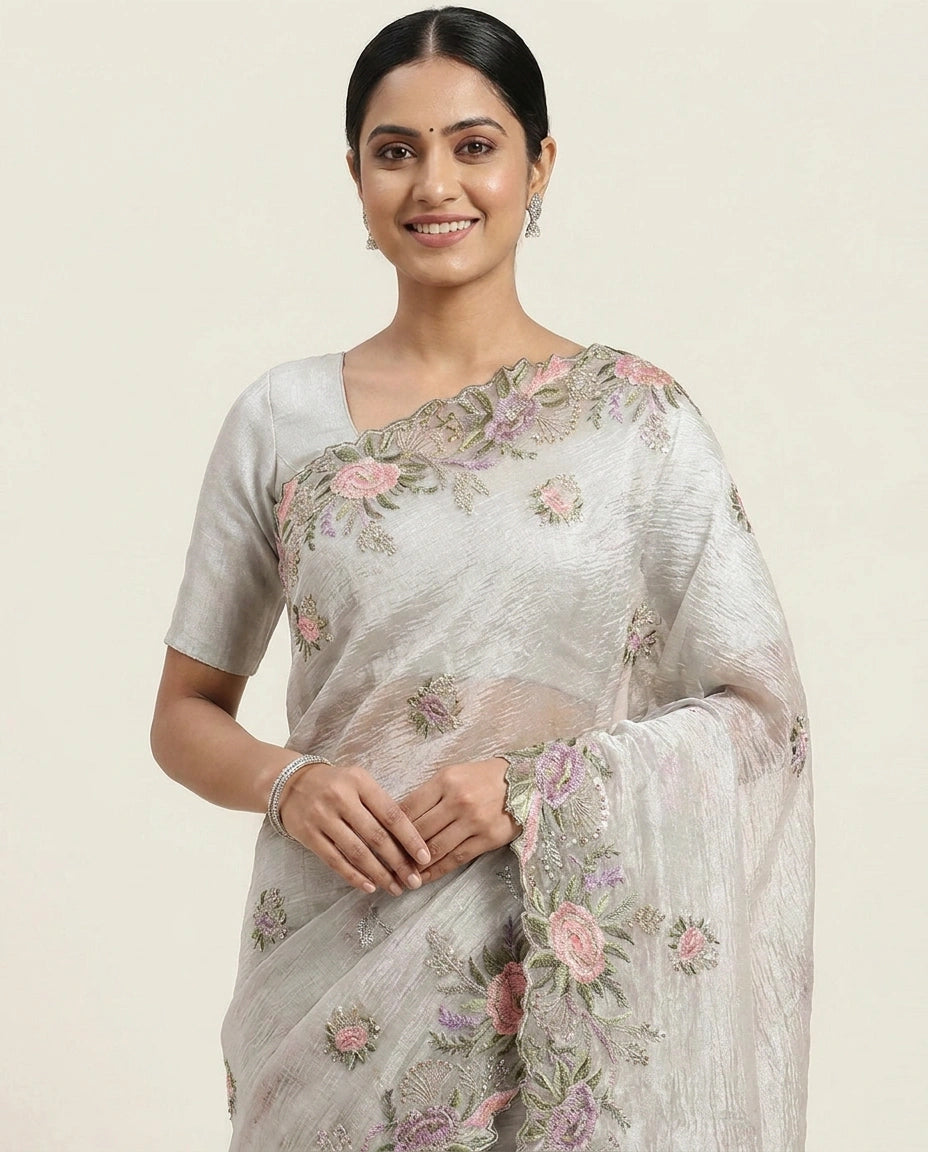 Crush Tissue Saree with Embroidered Zari Border