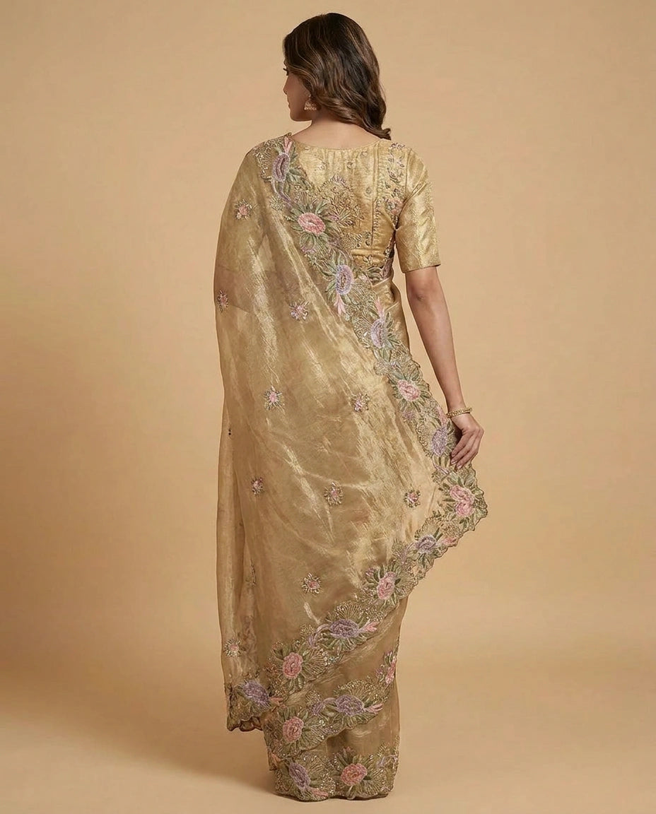 Crush Tissue Saree with Fine Embroidered Zari Border Work view 7