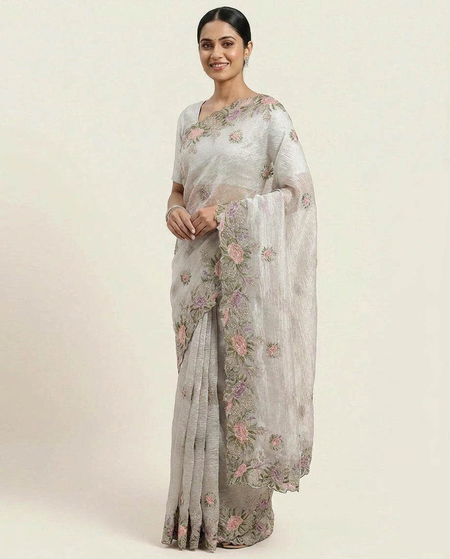 Crush Tissue Saree with Embroidered Zari Border