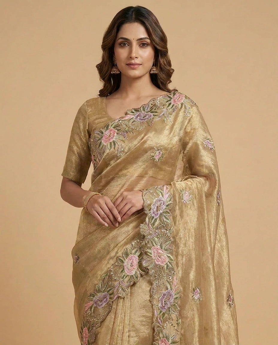 Crush Tissue Saree with Fine Embroidered Zari Border Work view 8