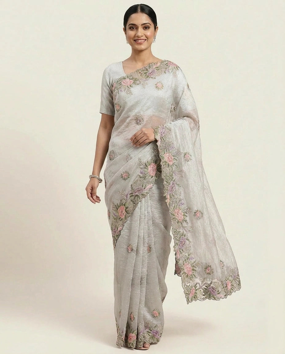 Crush Tissue Saree with Embroidered Zari Border