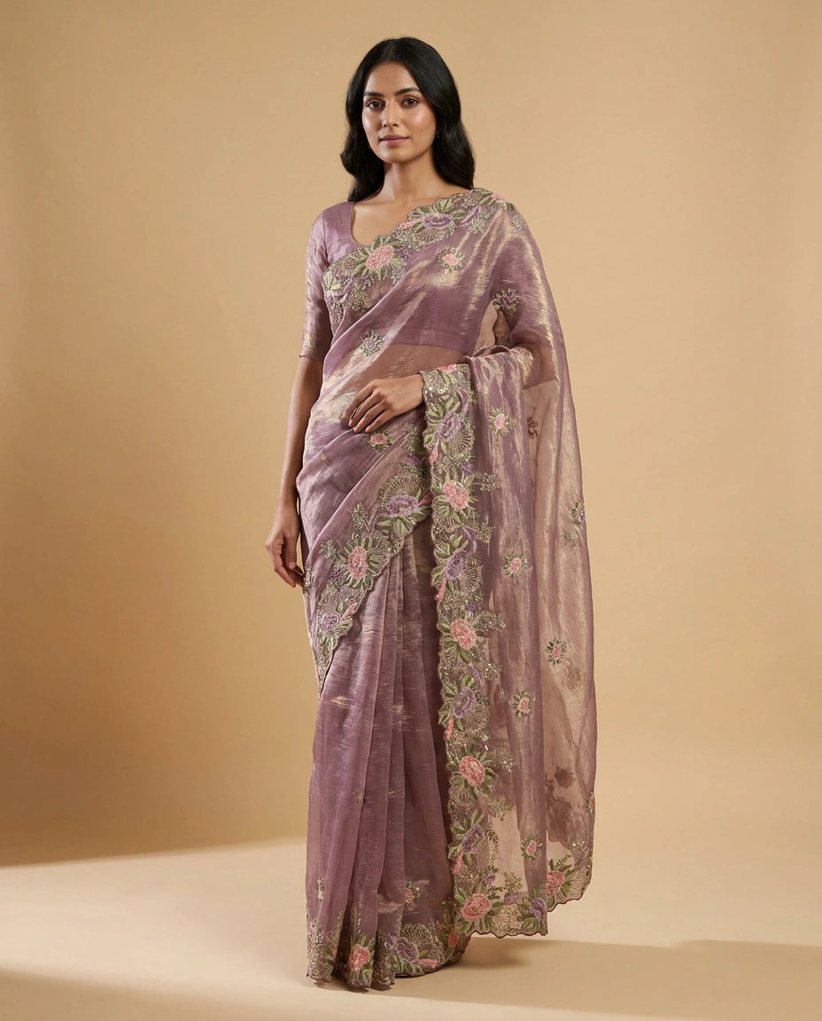 Crush Tissue Saree with Fine Embroidered Zari Border Work view 9