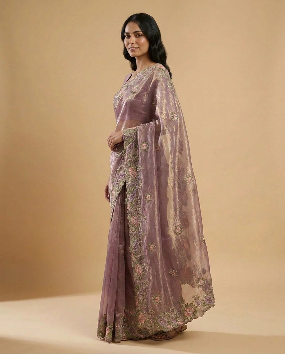Crush Tissue Saree with Fine Embroidered Zari Border Work view 10