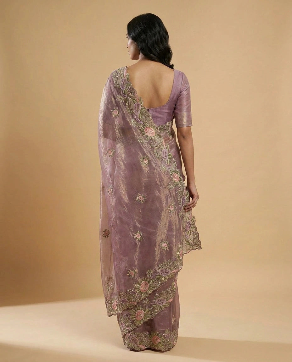 Crush Tissue Saree with Fine Embroidered Zari Border Work view 11