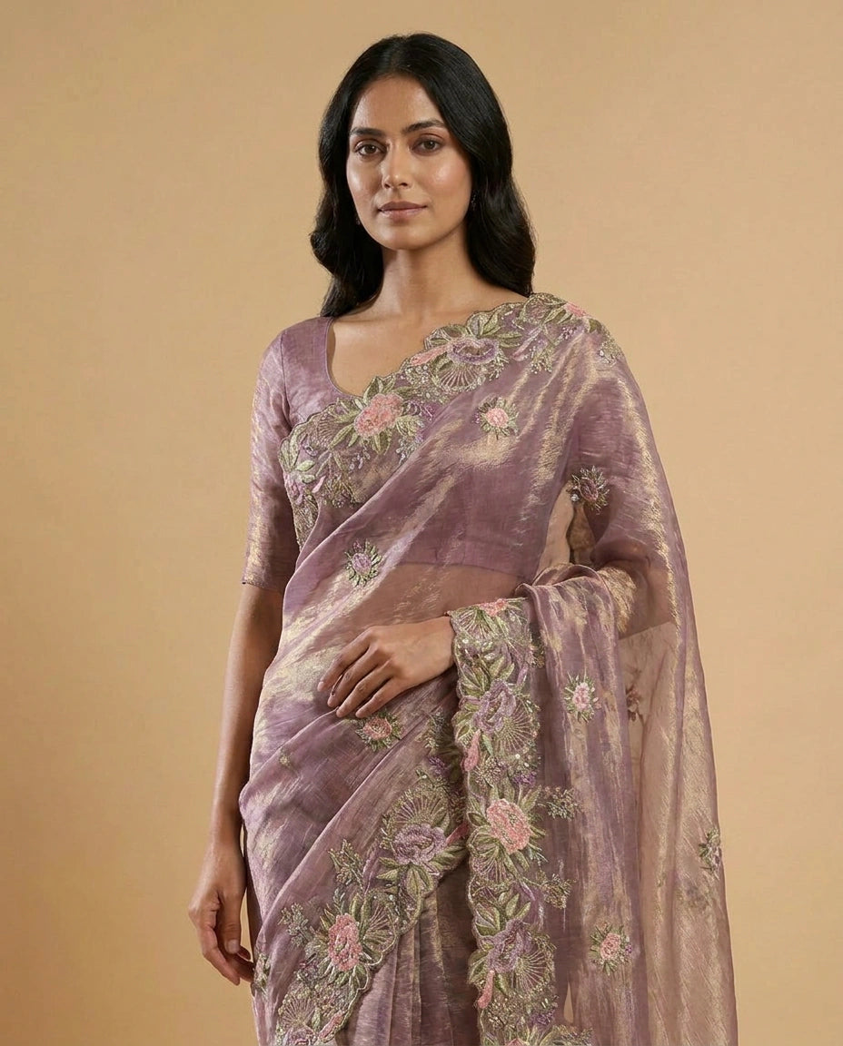 Crush Tissue Saree with Fine Embroidered Zari Border Work view 12