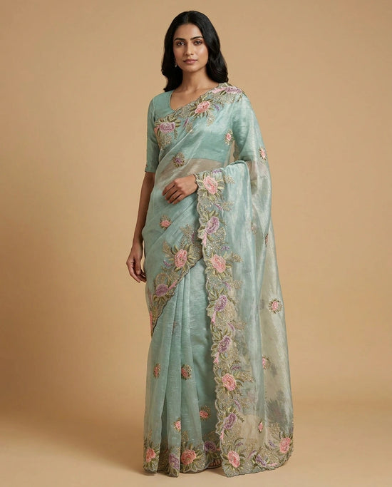 Sky Blue Crush Tissue Saree with Fine Embroidered Zari Border Work