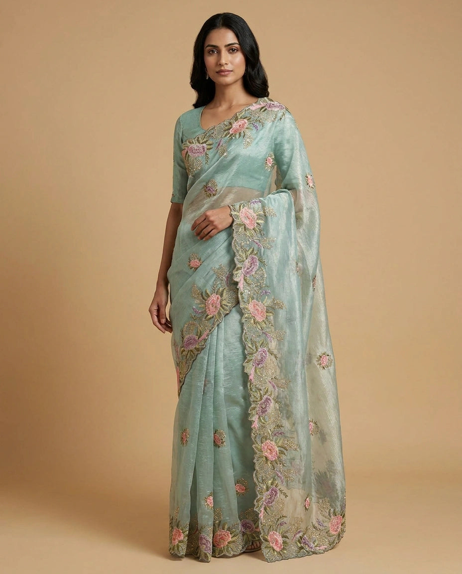 Sky Blue Crush Tissue Saree with Fine Embroidered Zari Border Work