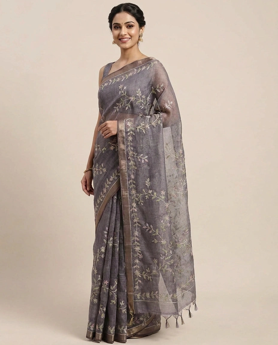 Linen Tissue Embroidered Saree - Rangoli India