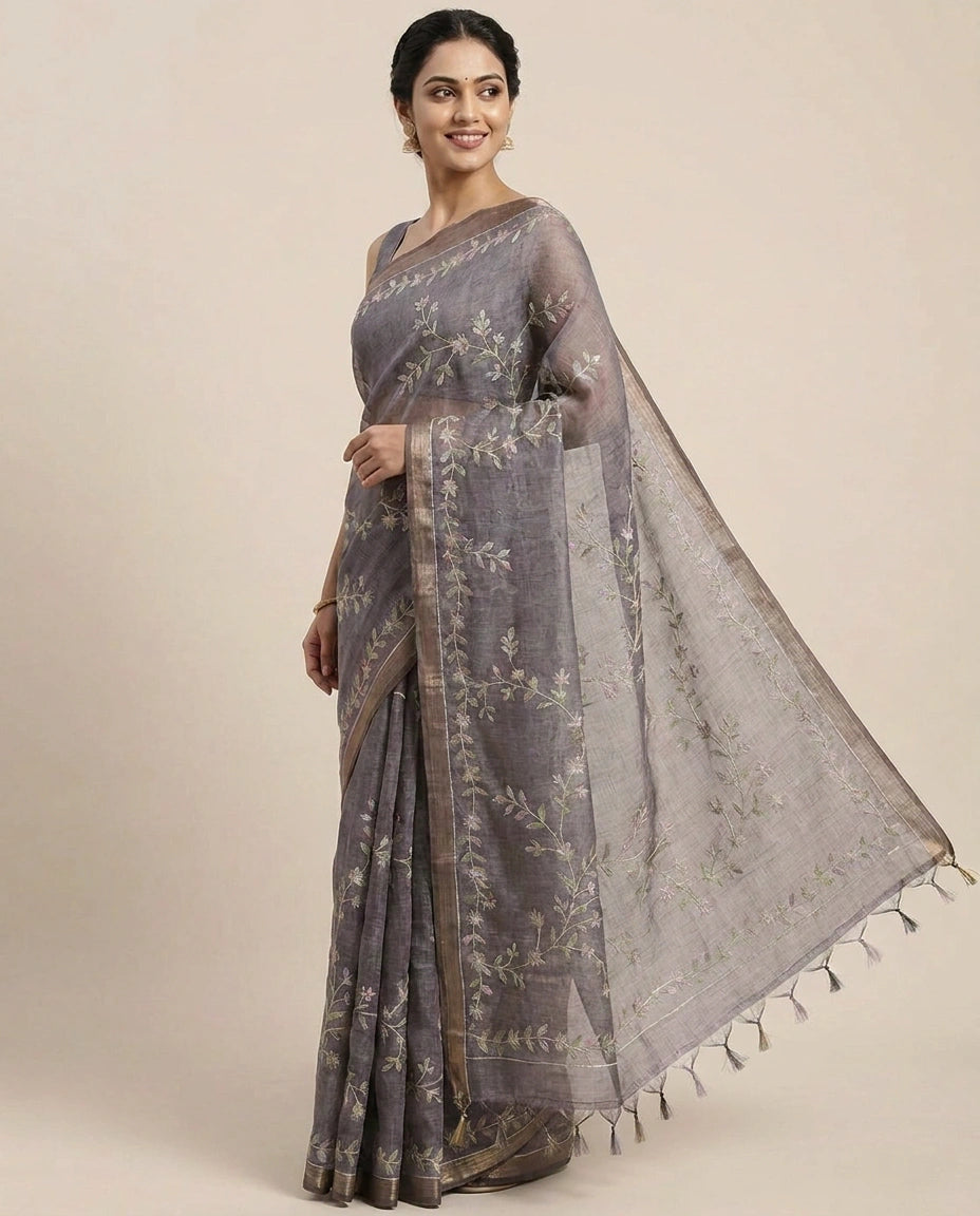 Linen Tissue Embroidered Saree - Rangoli India