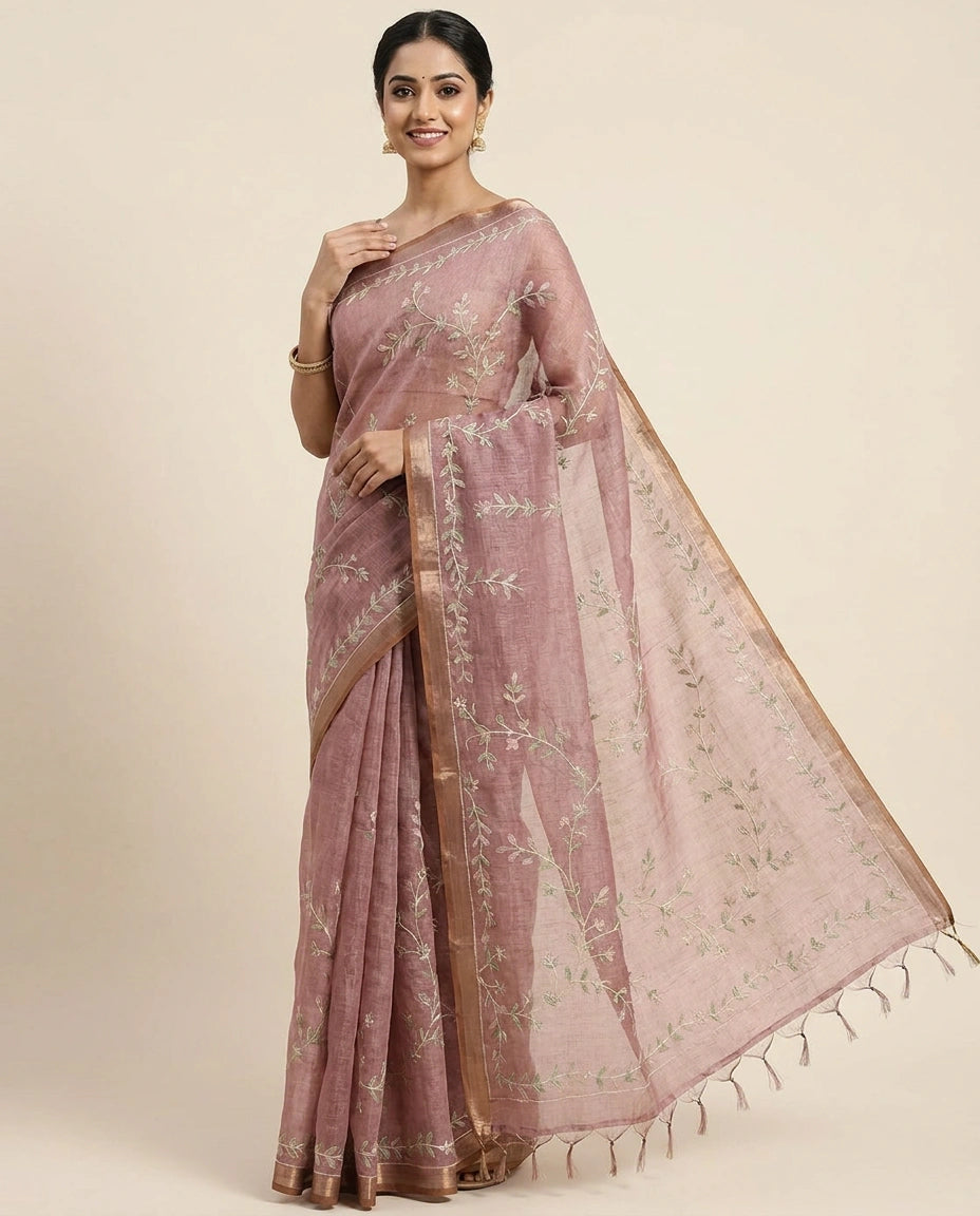 Linen Tissue Embroidered Saree - Rangoli India