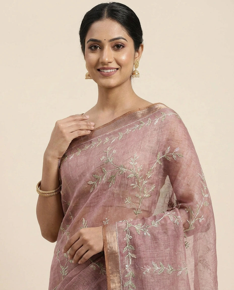 Linen Tissue Embroidered Saree - Rangoli India