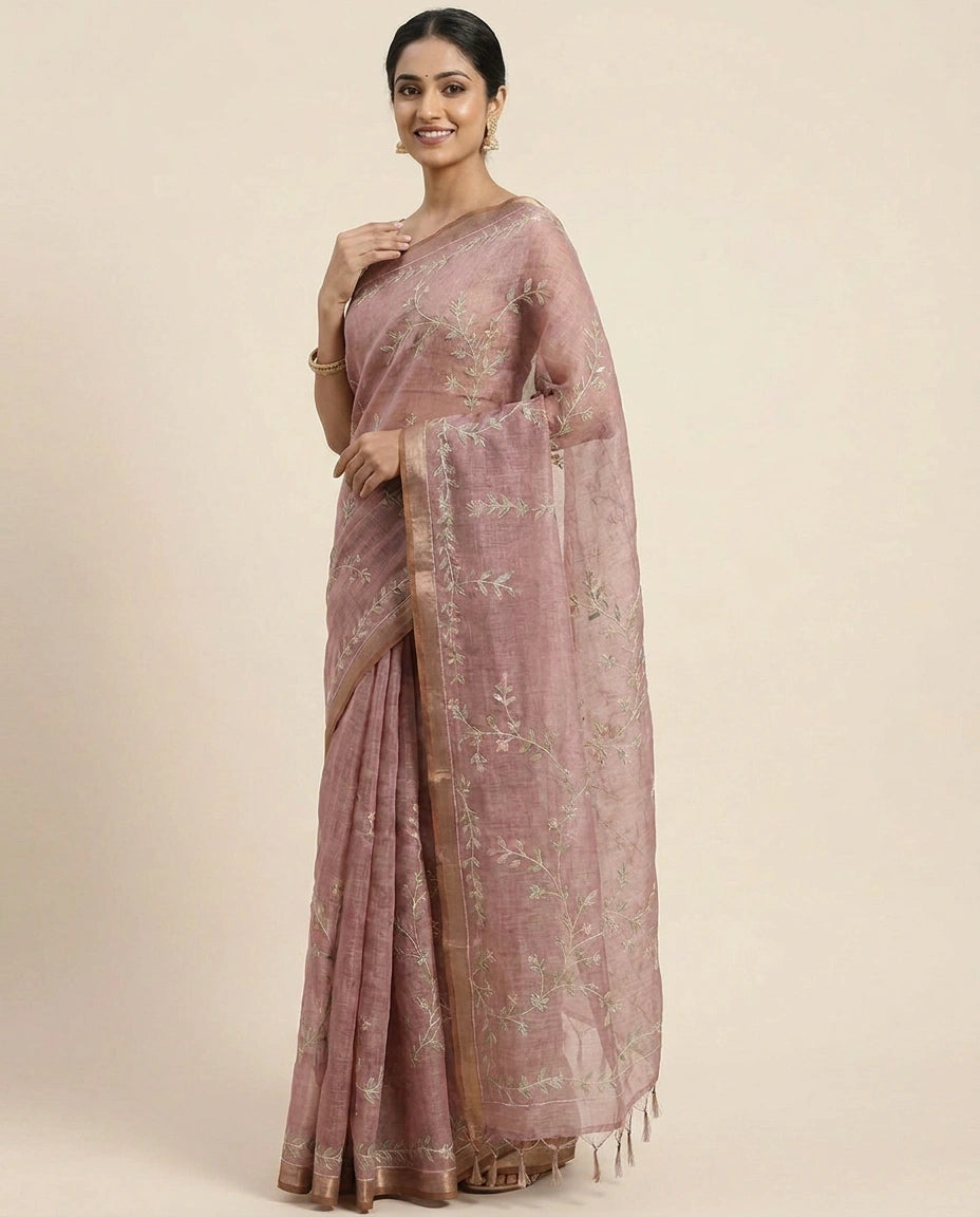 Linen Tissue Embroidered Saree - Rangoli India