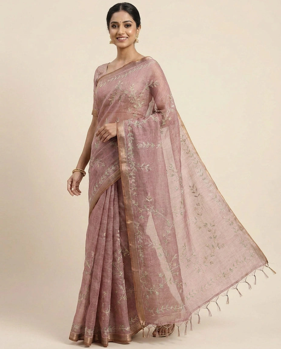 Linen Tissue Embroidered Saree - Rangoli India