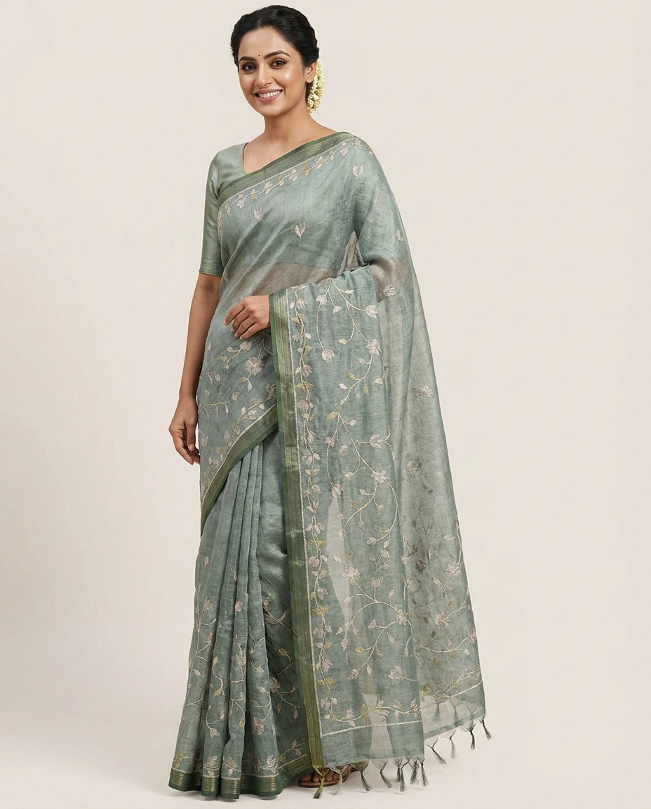 Linen Tissue Embroidered Saree - Rangoli India