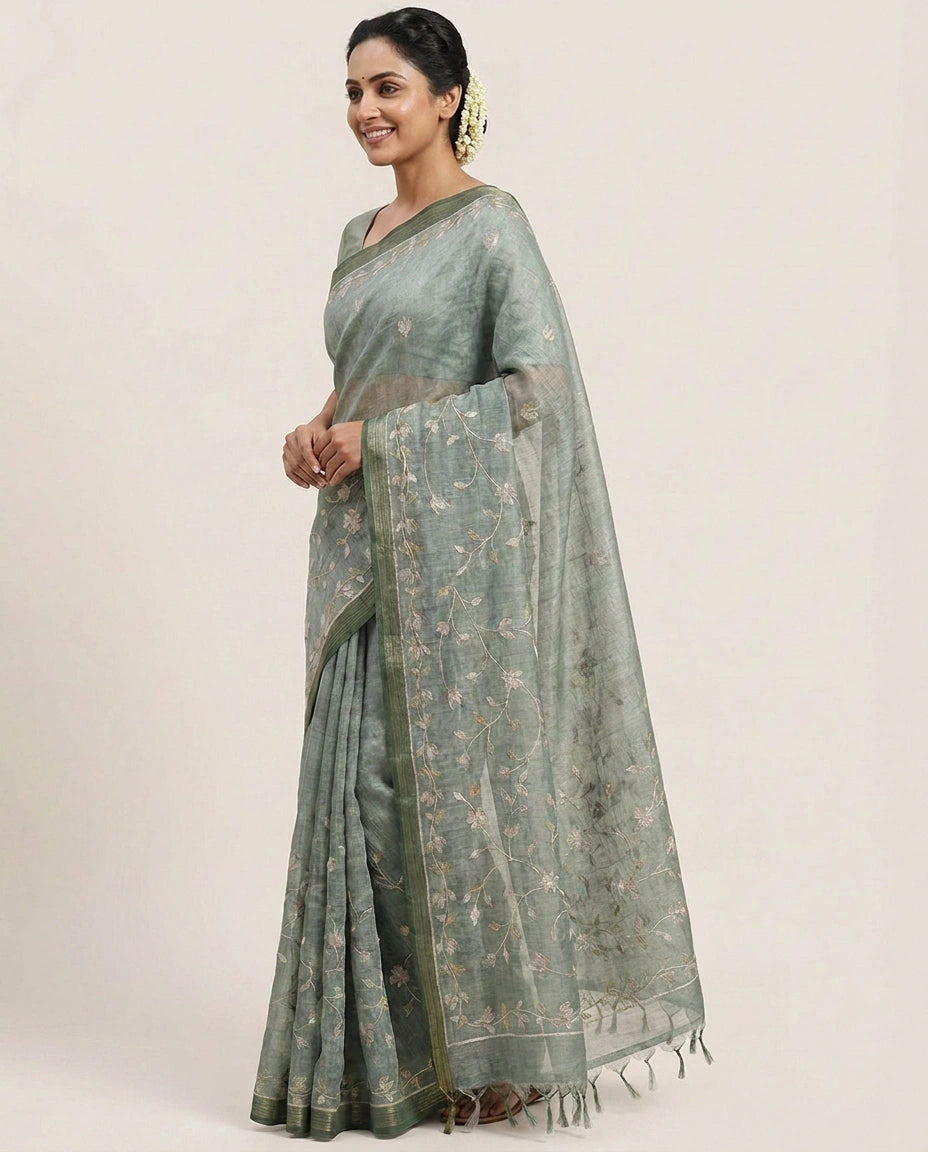 Linen Tissue Embroidered Saree - Rangoli India