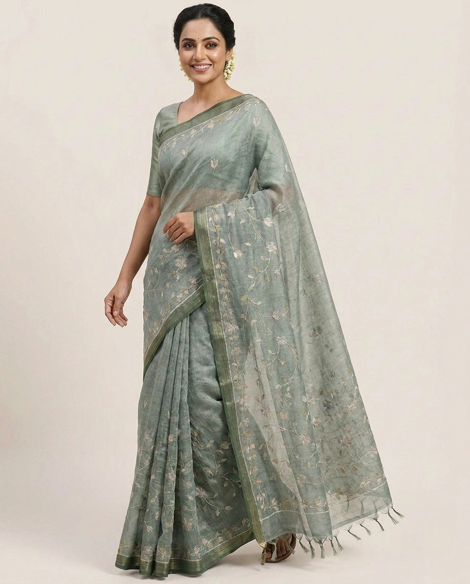 Linen Tissue Embroidered Saree - Rangoli India