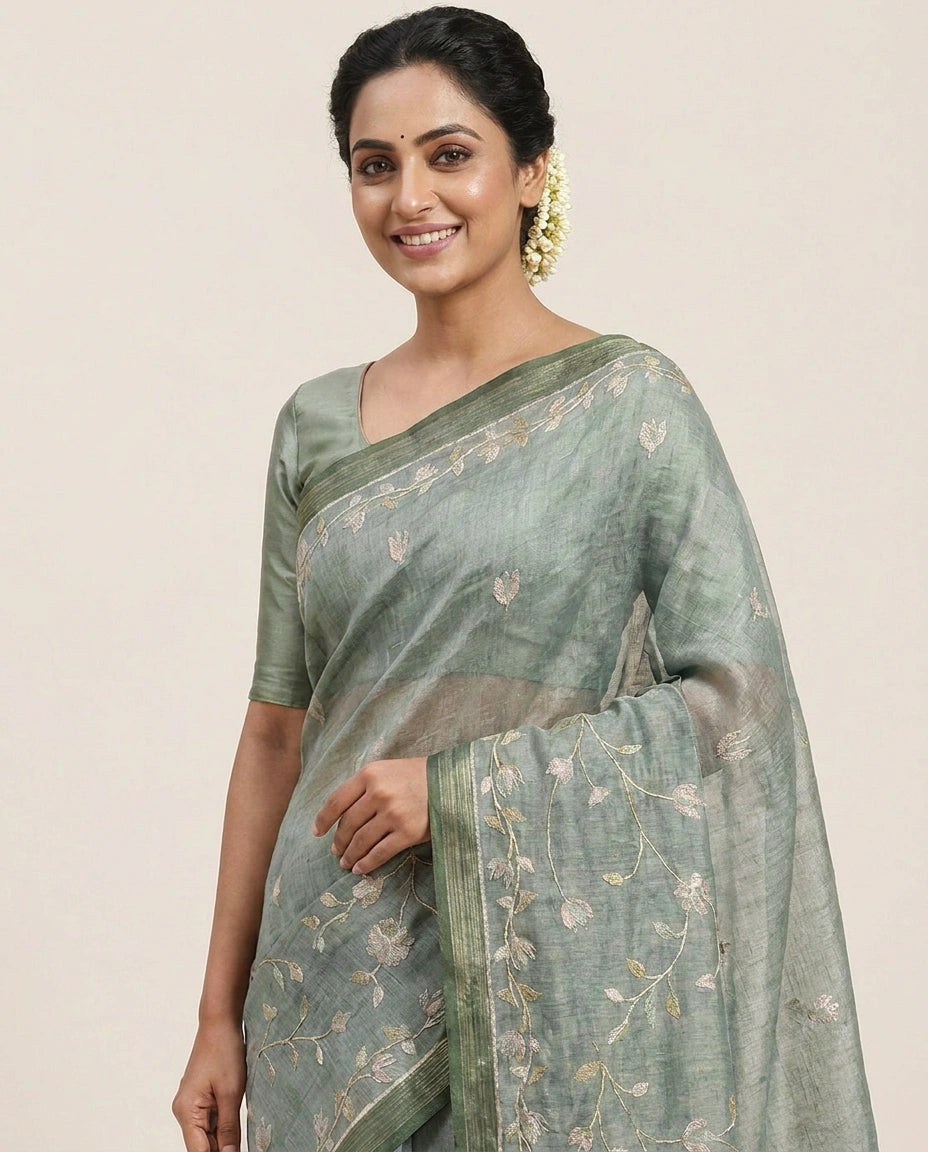 Linen Tissue Embroidered Saree - Rangoli India