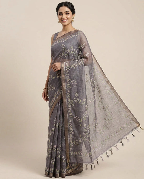 Linen Tissue Embroidered Saree - Rangoli India