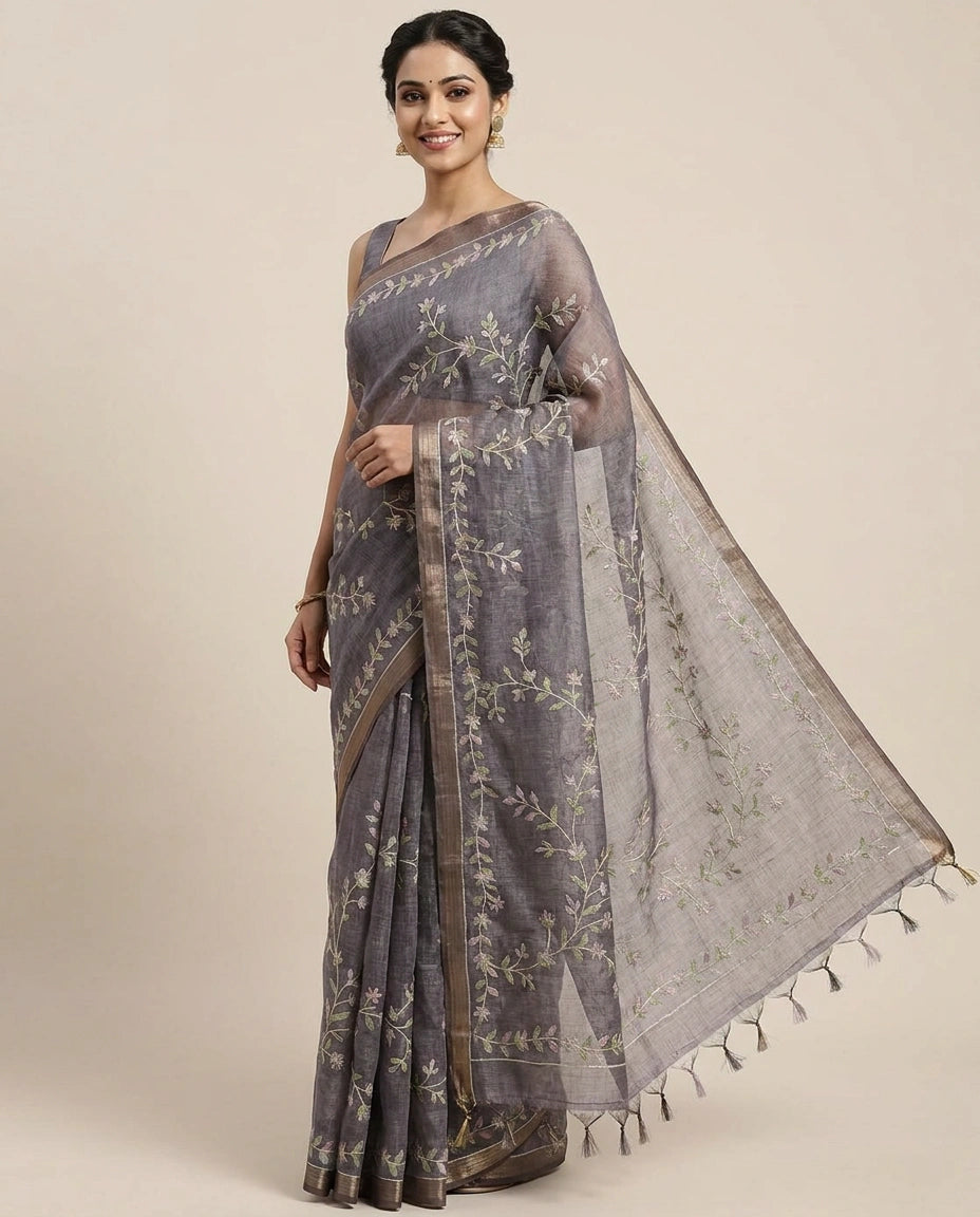 Linen Tissue Embroidered Saree - Rangoli India
