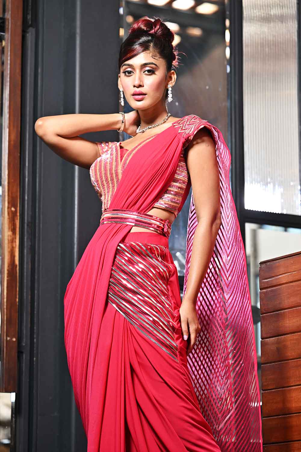 Rani Pink Net Drape Saree with Sequin Embellished Blouse