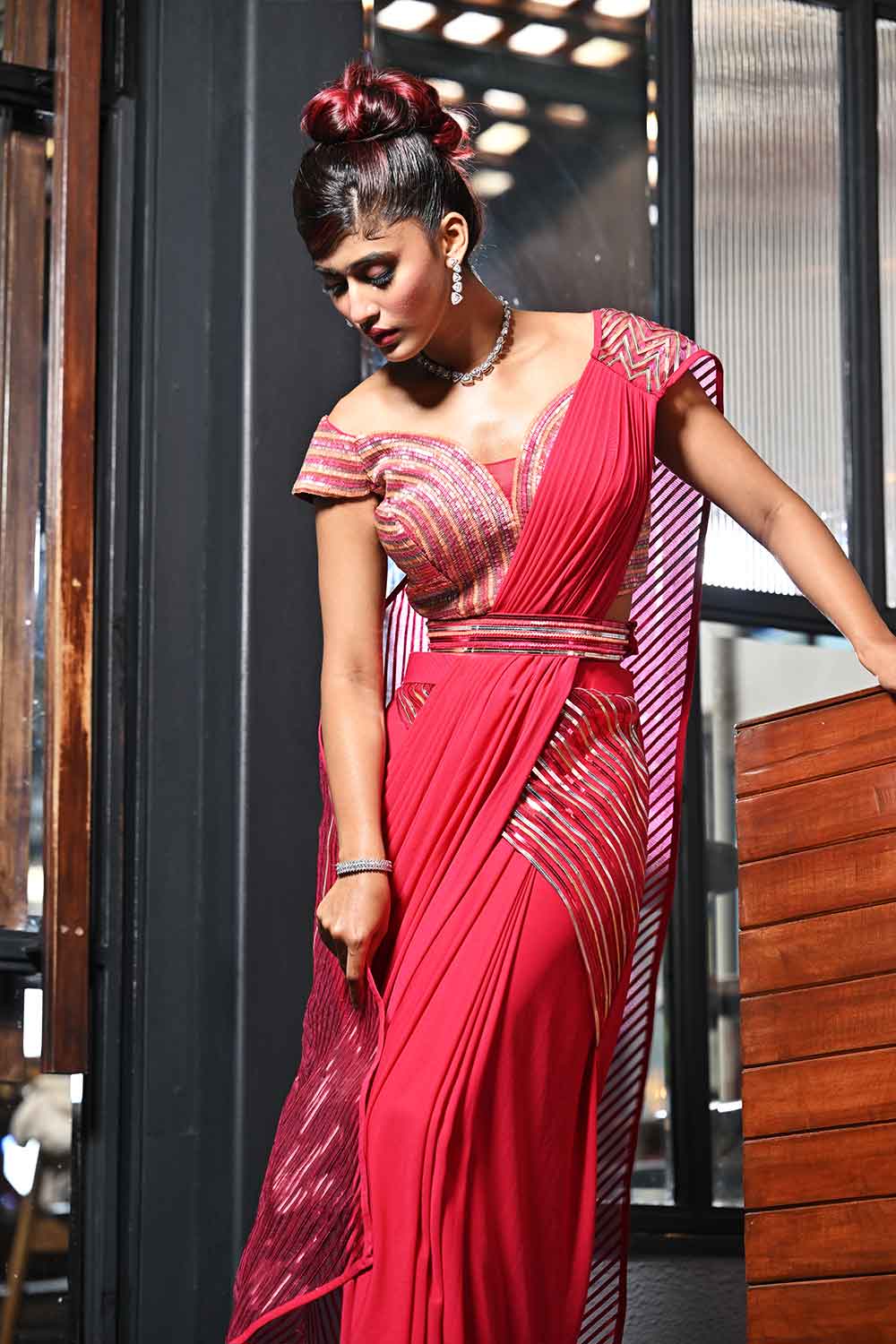 Rani Pink Net Drape Saree with Sequin Embellished Blouse