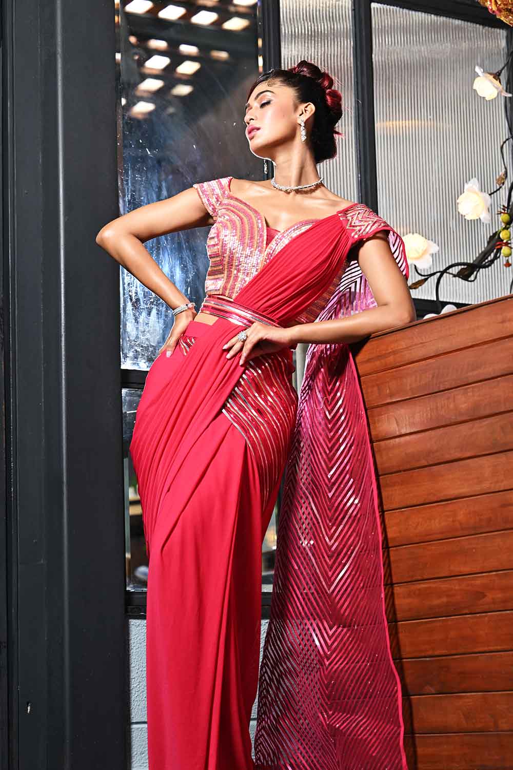 Rani Pink Net Drape Saree with Sequin Embellished Blouse