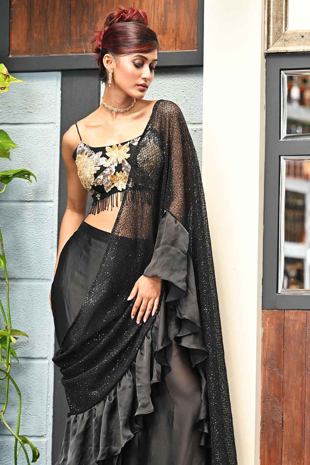 Black Lycra Ruffle Drape Saree with Floral Embroidered Blouse