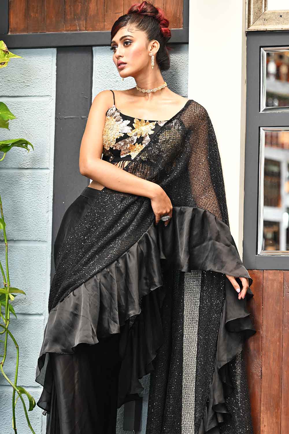 Black Lycra Ruffle Drape Saree with Floral Embroidered Blouse