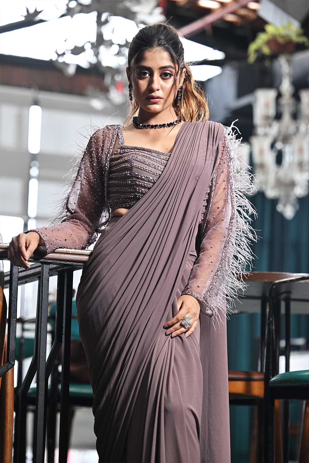 Mauve Lycra Drape Saree with Embellished Jacket