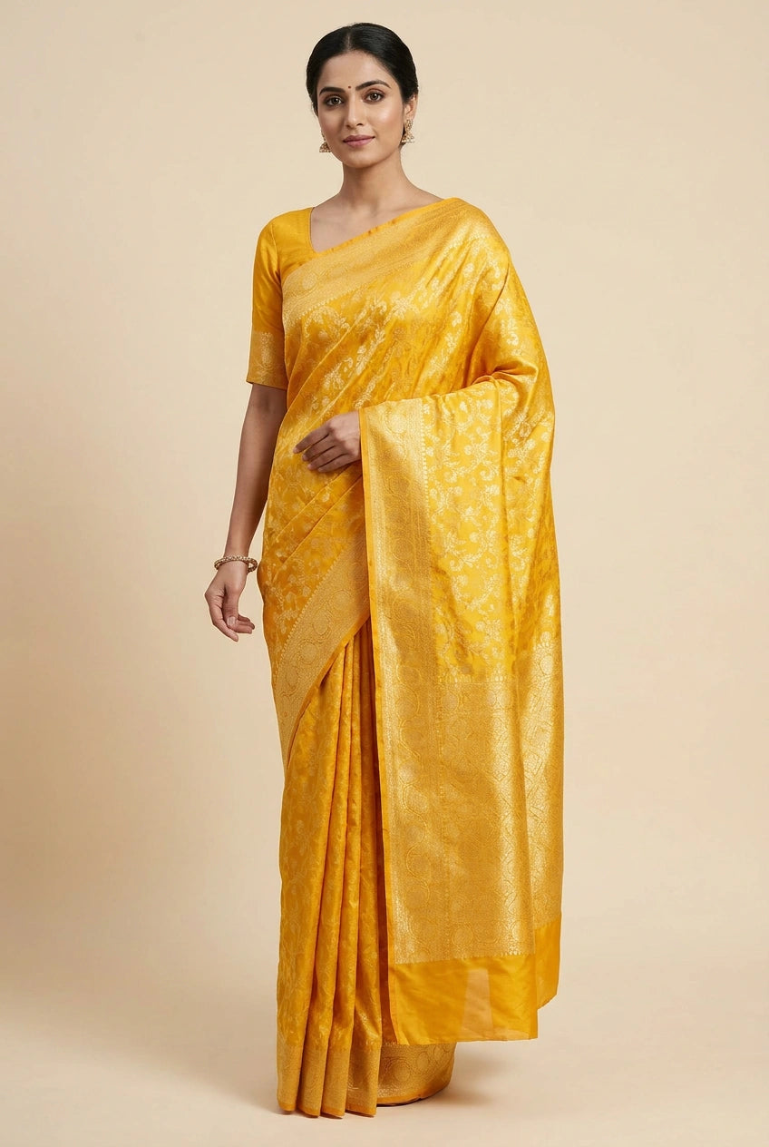 Woman wearing a yellow saree on a beige background