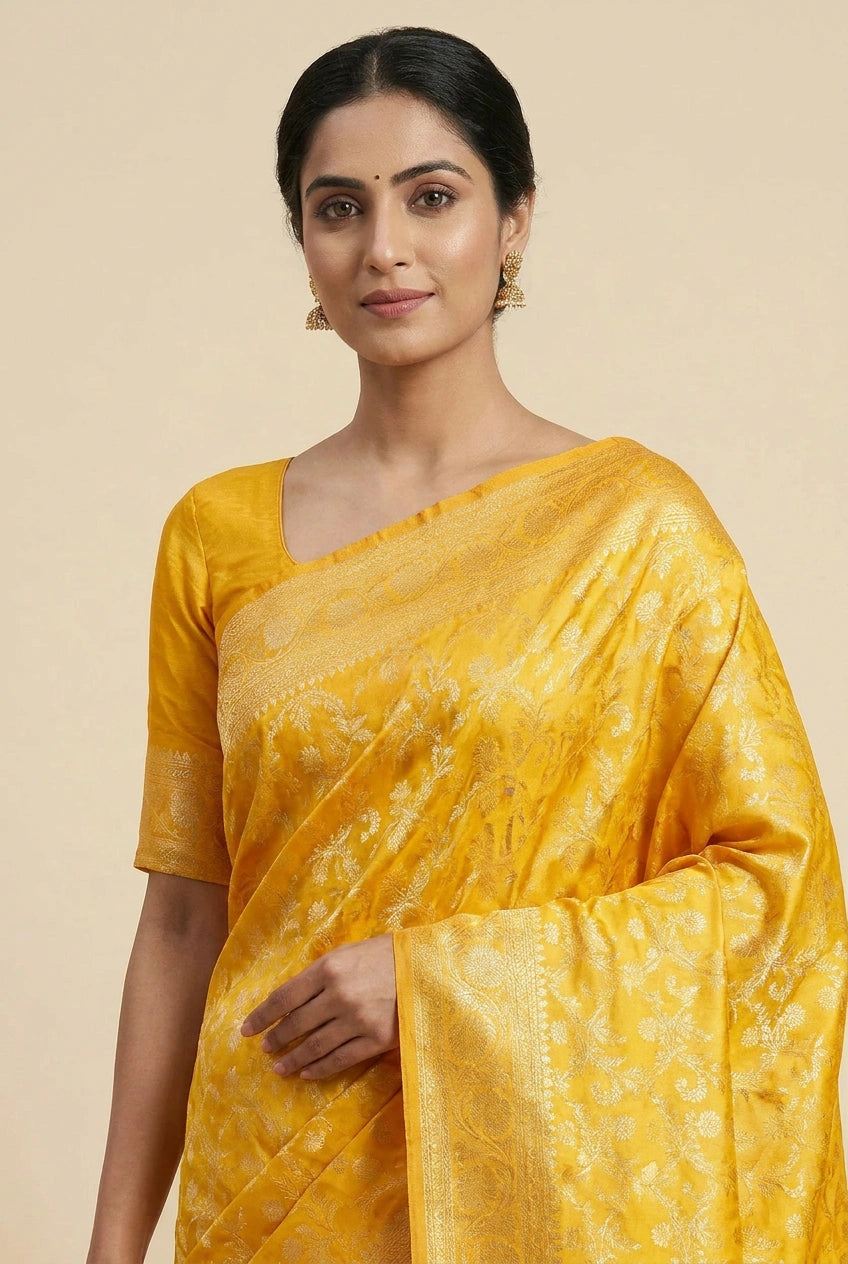 Yellow Katan Silk Banarasi Saree for Wedding Reception